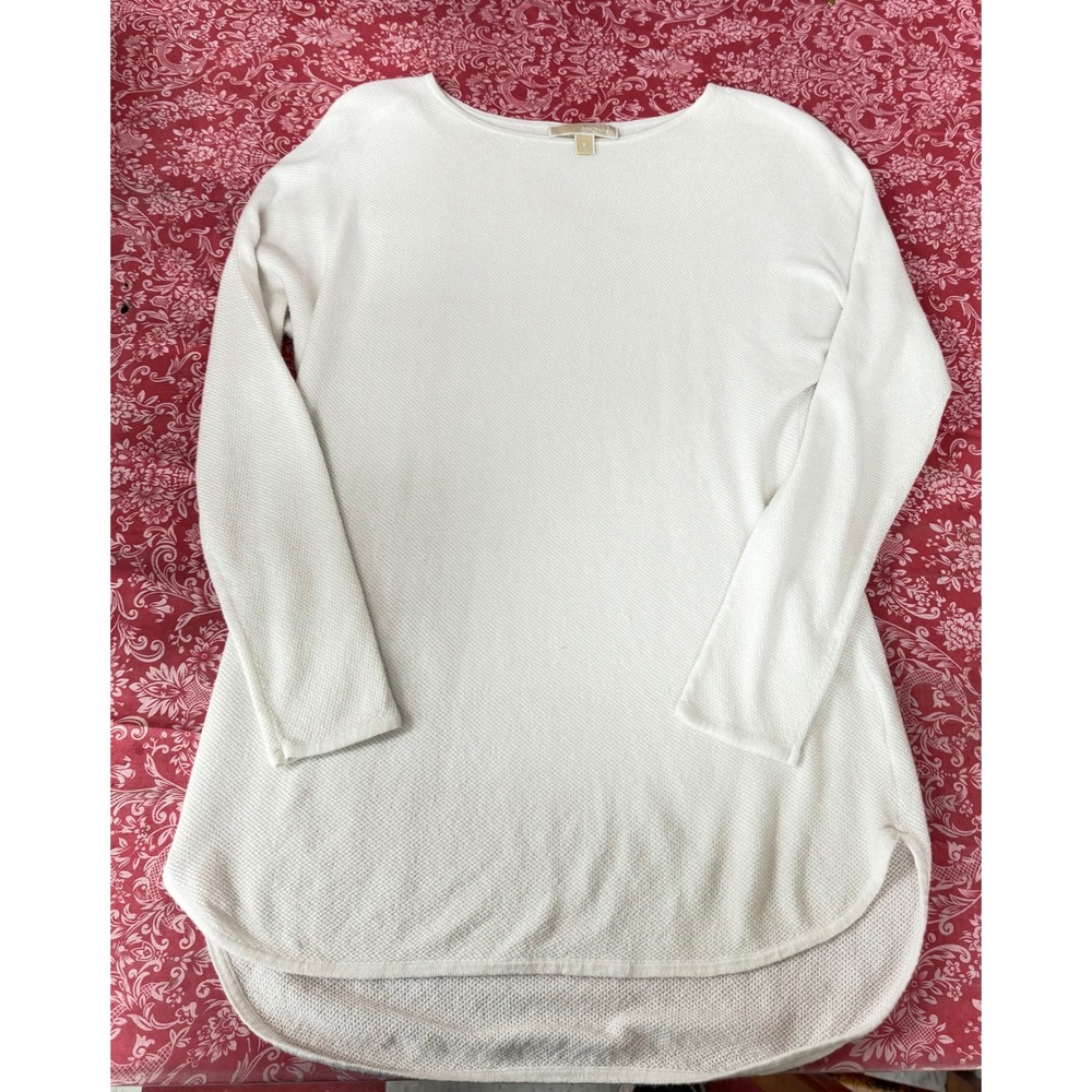 Michael Kors Women White Waffle Knit Tunic Sweater Boat Neck High Low Hem Small